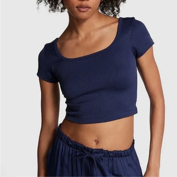 PINK Victoria’s Secret Navy Blue Ribbed Crop Top & Foldover Cotton Leggings Set - Picture 8 of 8